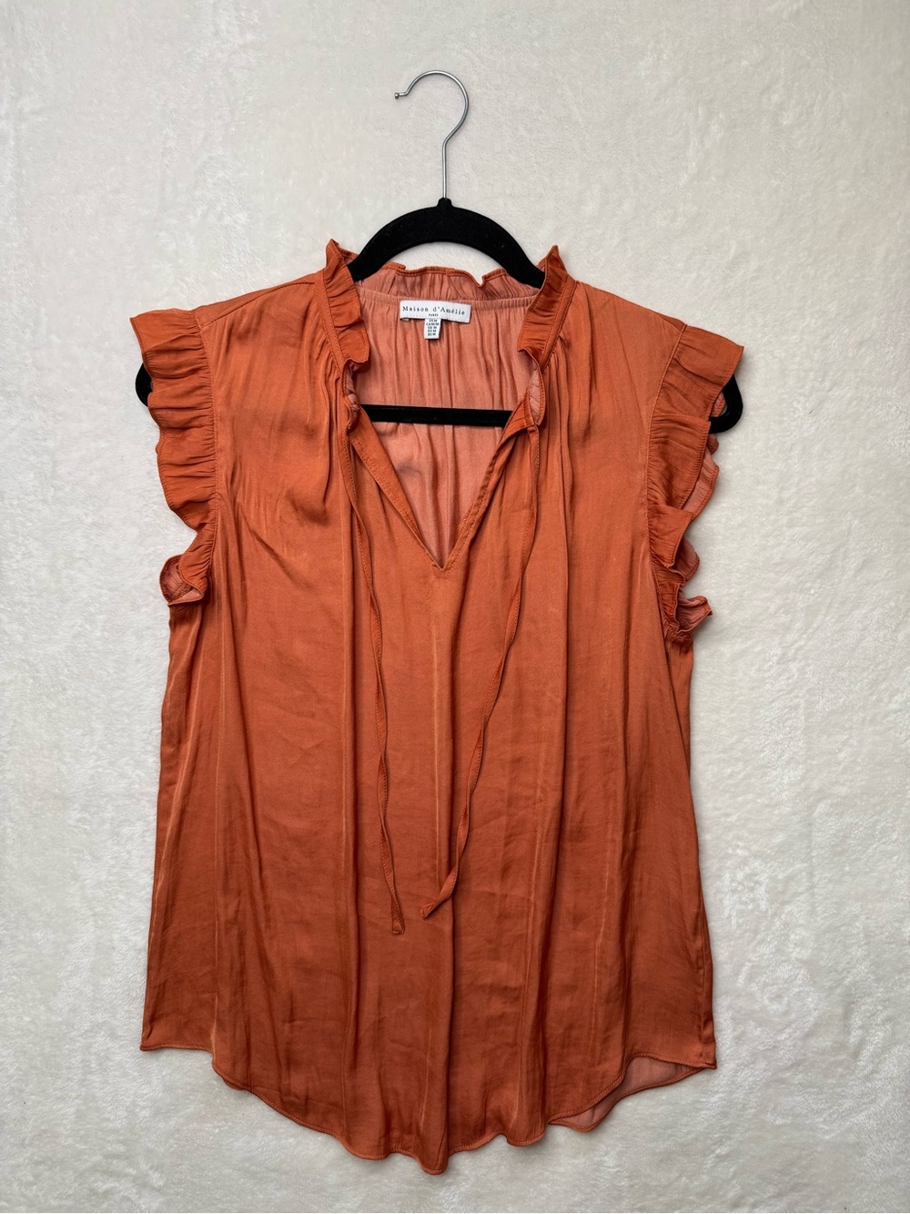 Madison D’Amelie Rust Sleevles Ruffle Tie-Neck Blouse Top Sz M Romantic Chic